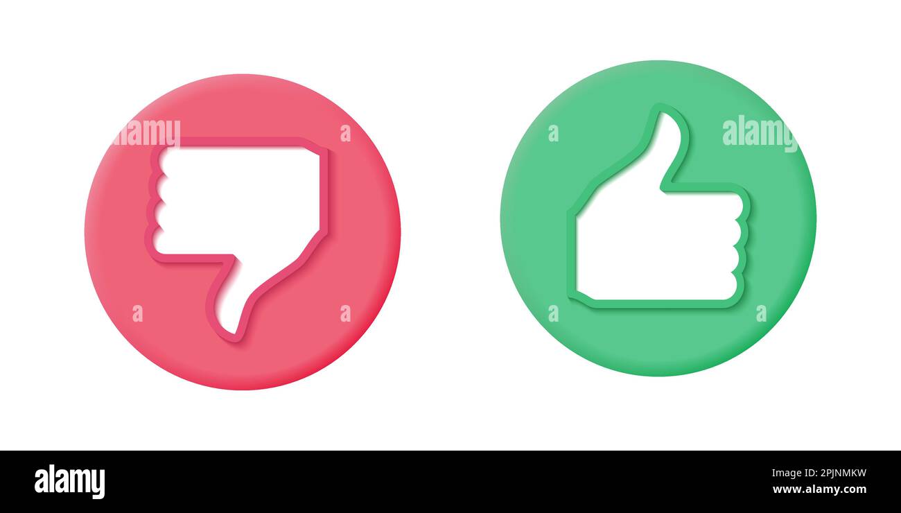 Pulsante mi piace e non piace. Pulsante cerchio rosso e verde. Mano con i pollici simbolo su. icona di rendering 3d. Simbolo dei social media. Simbolo OK o simbolo simile. Uscita Illustrazione Vettoriale