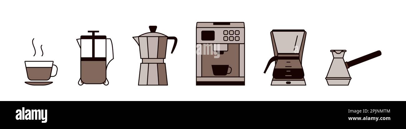 Set di dispositivi per la preparazione del caffè come macchina per caffè in geyser, macchina per caffè espresso, stantuffo e pentola turca come cezve. Icone in bianco e nero. Vettore Illustrazione Vettoriale