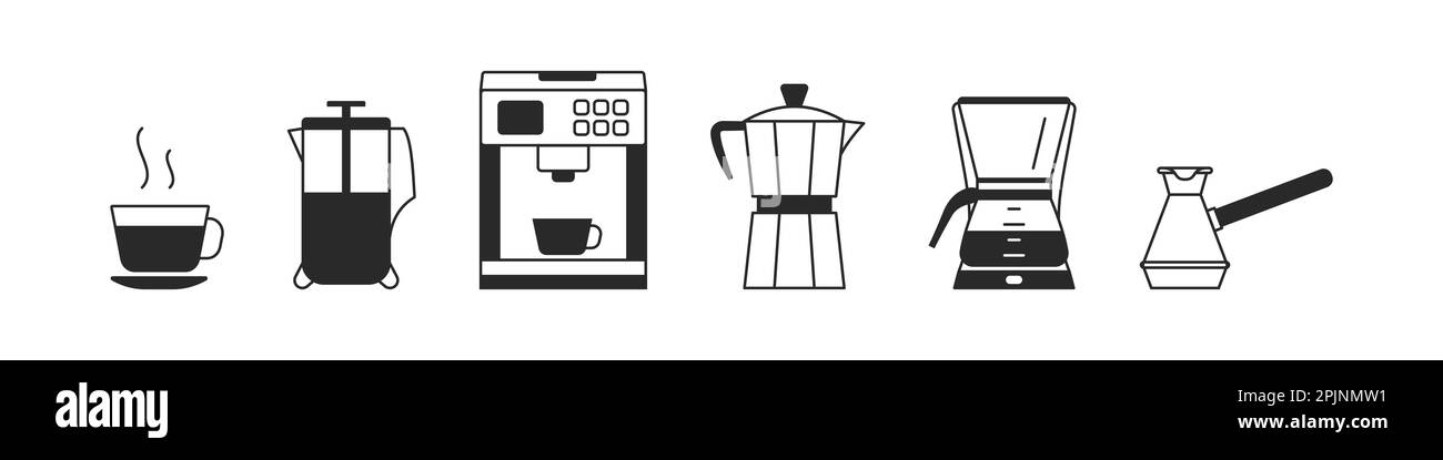 Set di dispositivi per la preparazione del caffè come macchina per caffè in geyser, macchina per caffè espresso, stantuffo e pentola turca come cezve. Delimite le icone in bianco e nero. Ve Illustrazione Vettoriale