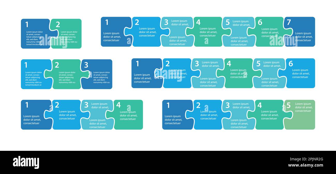 Infografica dei passaggi. Sequenza puzzle. Due, tre, quattro, cinque, sei e sette elementi di puzzle. Processo, infografiche del flusso di lavoro, elementi del piano. Presentazione Illustrazione Vettoriale