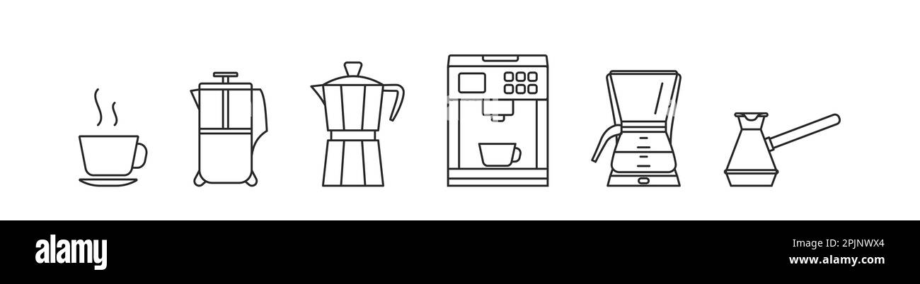 Set di dispositivi per la preparazione del caffè come macchina per caffè in geyser, macchina per caffè espresso, stantuffo e pentola turca come cezve. Icone di contorno. Illustratio vettoriale Illustrazione Vettoriale