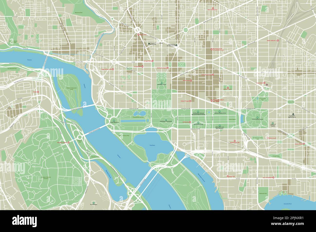 Mappa vettoriale della città di Washington, D.C. con strati separati ben organizzati. Illustrazione Vettoriale