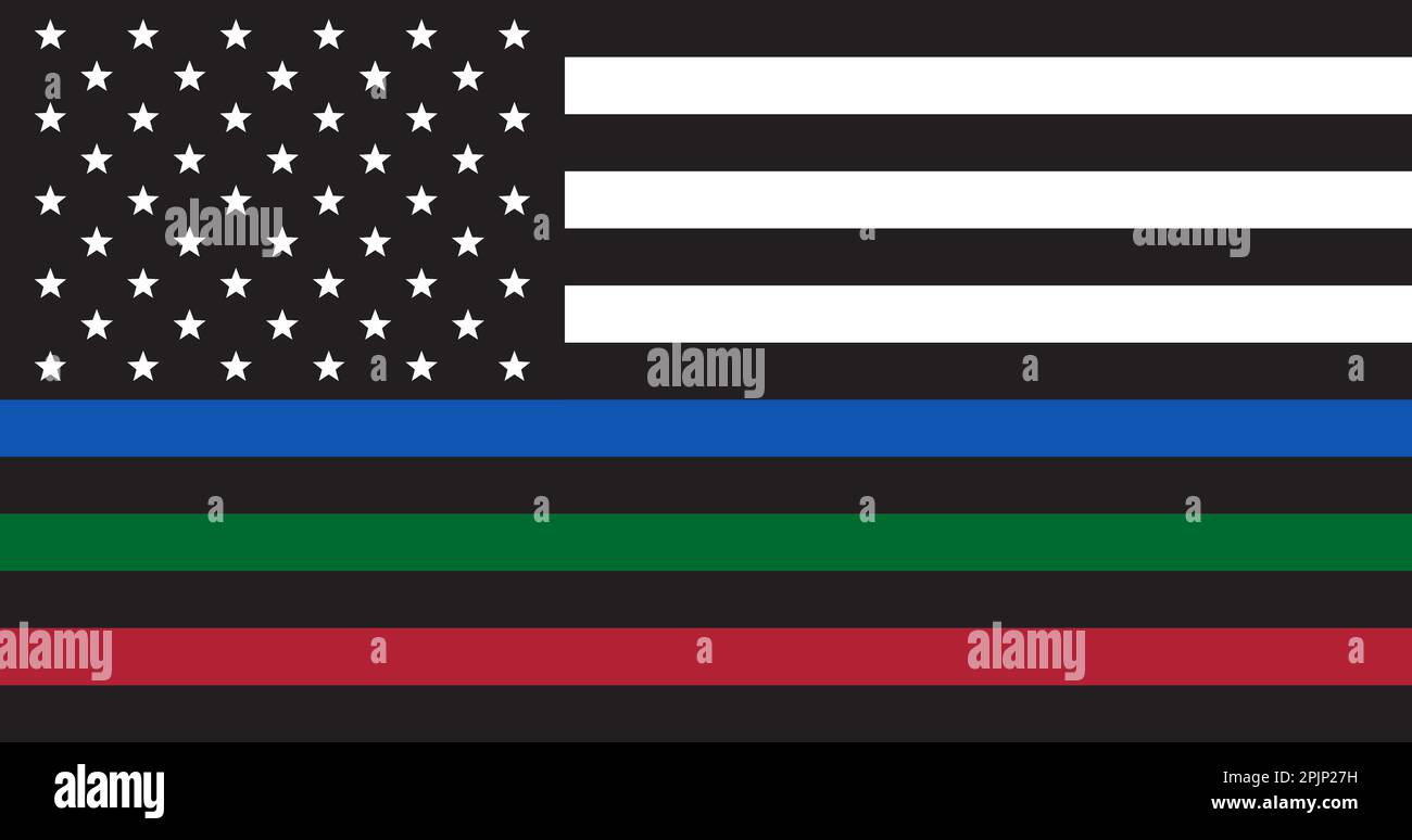Bandiera degli Stati Uniti in bianco e nero con linea rossa, verde e blu. Polizia DEGLI STATI UNITI, vigili del fuoco, bandiera militare. La linea blu verde e rossa. Simbolo patriottico. STATI UNITI. VEC Illustrazione Vettoriale