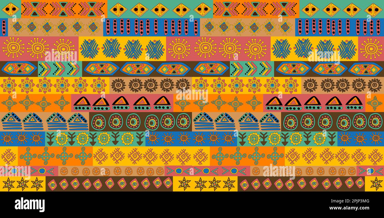 Motivo africano senza cuciture con simboli e motivi colorati Illustrazione Vettoriale