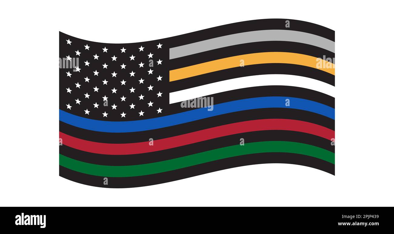 Bandiera degli Stati Uniti in bianco e nero con linea blu, rossa, oro, argento. Bandiera dei servizi di emergenza DEGLI STATI UNITI. Polizia, EMS, militare, vigili del fuoco, bandiera degli ufficiali di correzione. Illustrazione Vettoriale