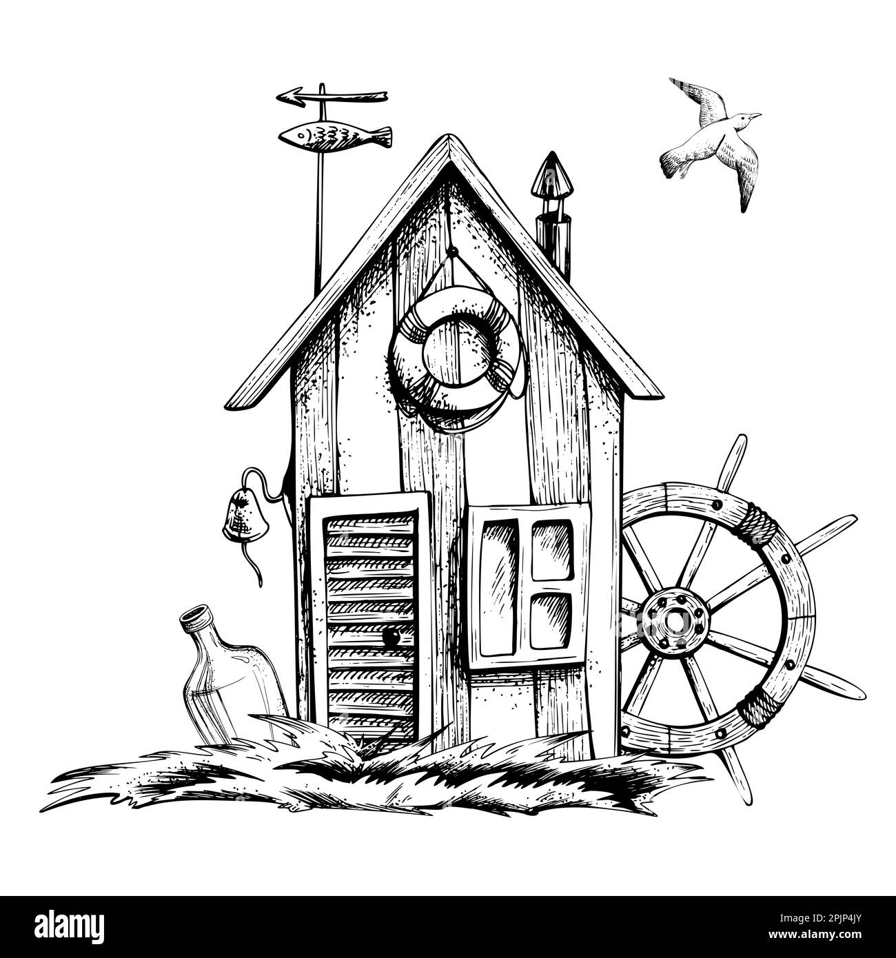 Casa del pescatore sull'erba con una ruota della nave, una bottiglia di rum e un gabbiano, composizione isolata su uno sfondo bianco disegnato a mano in grafica Illustrazione Vettoriale