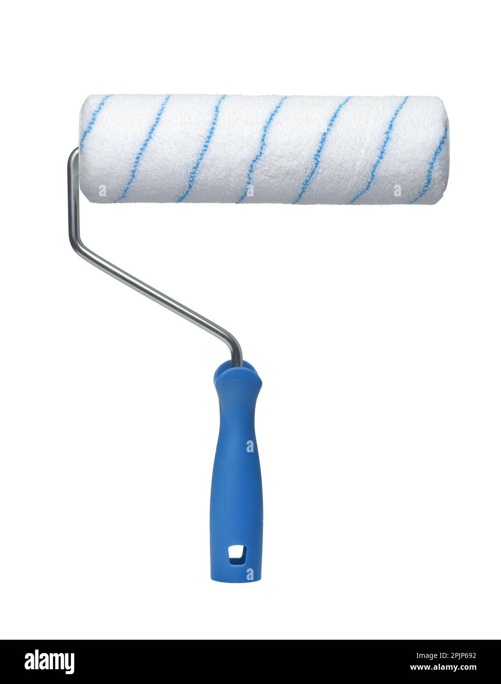 Vista frontale del nuovo rullo per pittura antigocciolamento con manico in plastica blu isolato su bianco Foto Stock