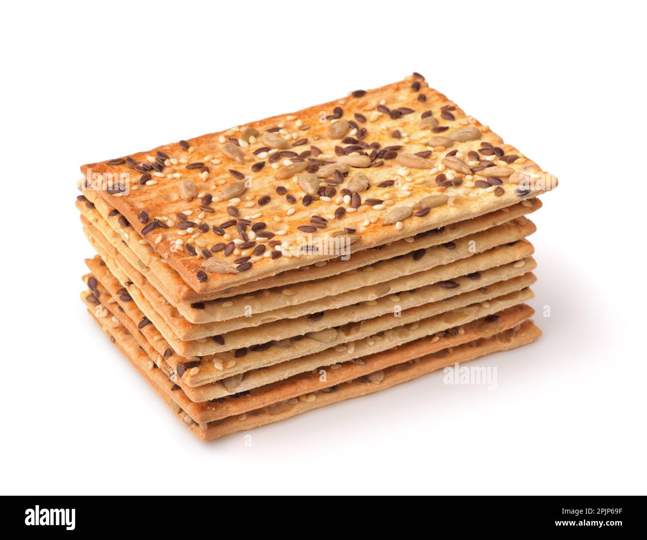 Impila di pane croccante intero di grano con i vari semi isolati su bianco Foto Stock