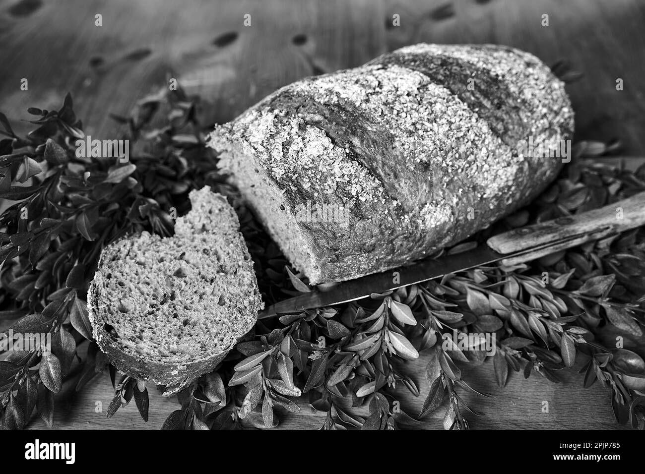 Pagnotta di pane e ciuffi di bosso su un tavolo di legno in Polonia, monocromatico Foto Stock
