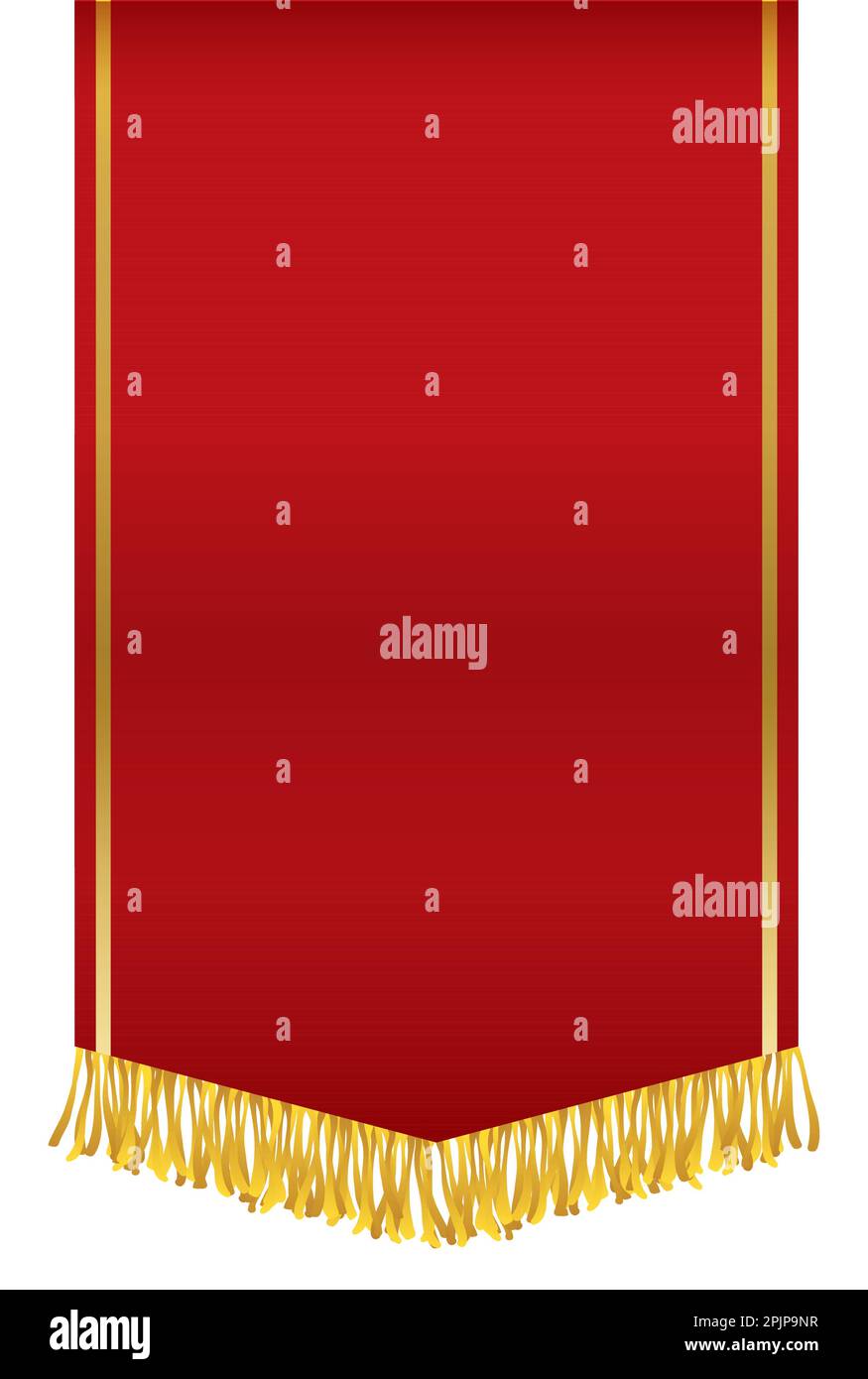 Pennant rosso verticale con nastri dorati e frange sul fondo. Design del modello con effetto gradiente. Illustrazione Vettoriale