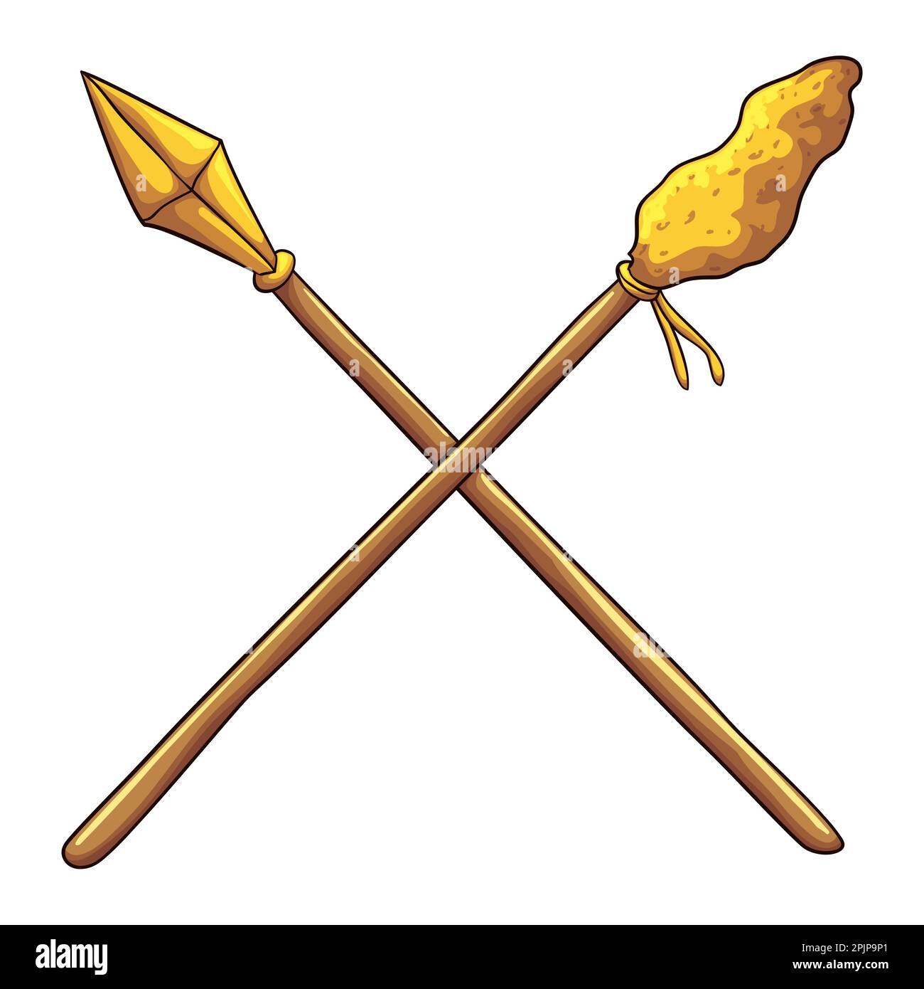 La lancia dorata di Longino attraversata dal bastone di Stephaton con spugna imbevuta di aceto di vino. Design religioso in stile cartoon. Illustrazione Vettoriale