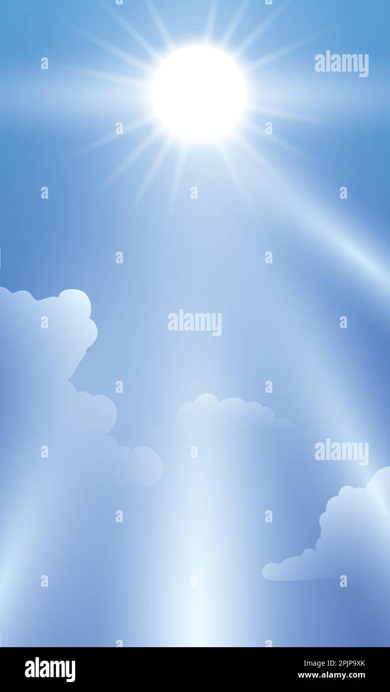 Bel cielo blu con sole splendente, raggi di sole e alcune nuvole. Modello verticale con effetto gradiente. Illustrazione Vettoriale