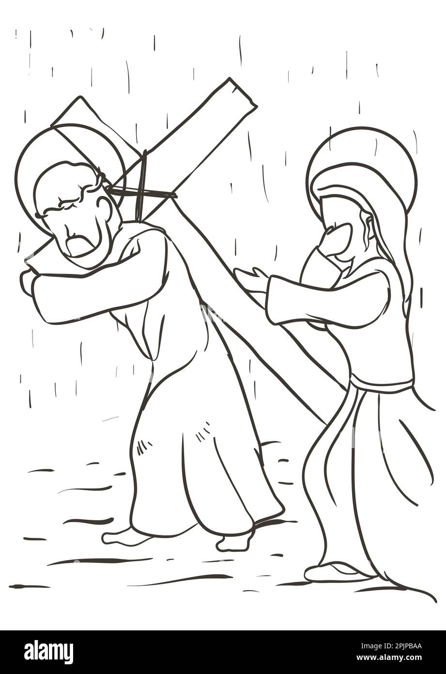 Disegno della Via Crucis, che rappresenta la quarta stazione: Gesù incontra la madre e lo calma. Illustrazione Vettoriale