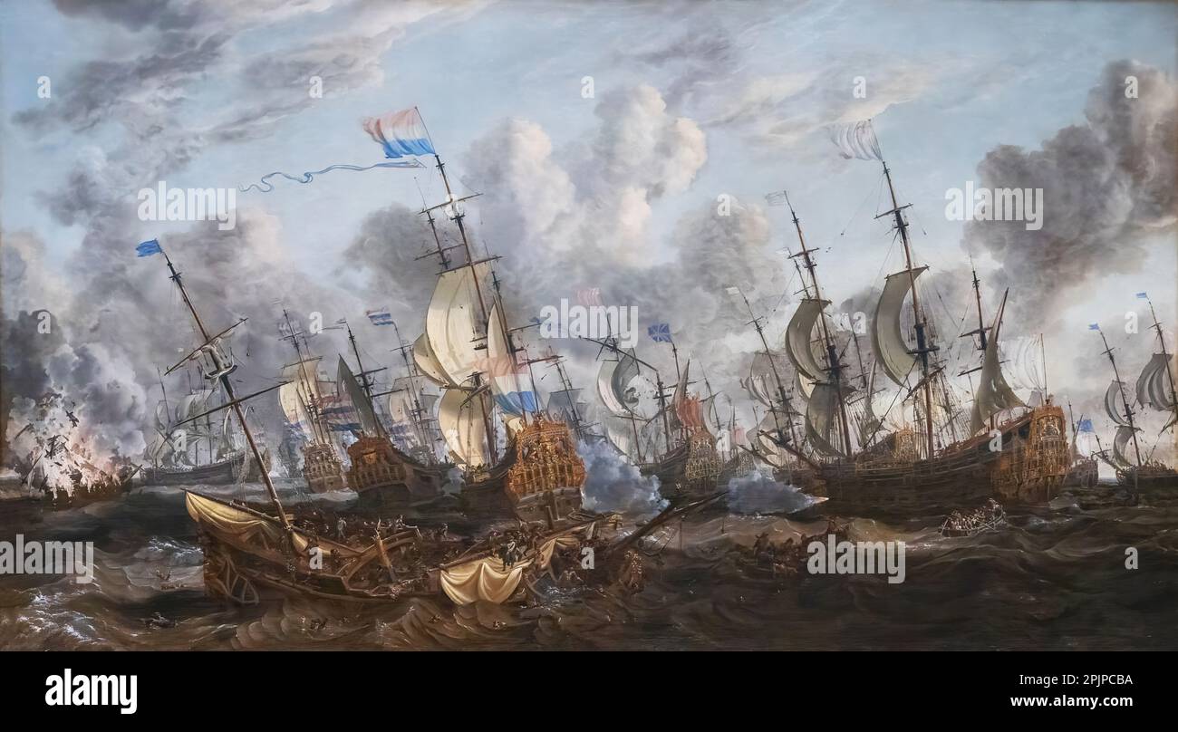 Dipinto di Abraham Storck, la battaglia dei quattro giorni - una battaglia navale durante le seconde guerre anglo-olandesi, pittore olandese del 17th ° secolo Foto Stock
