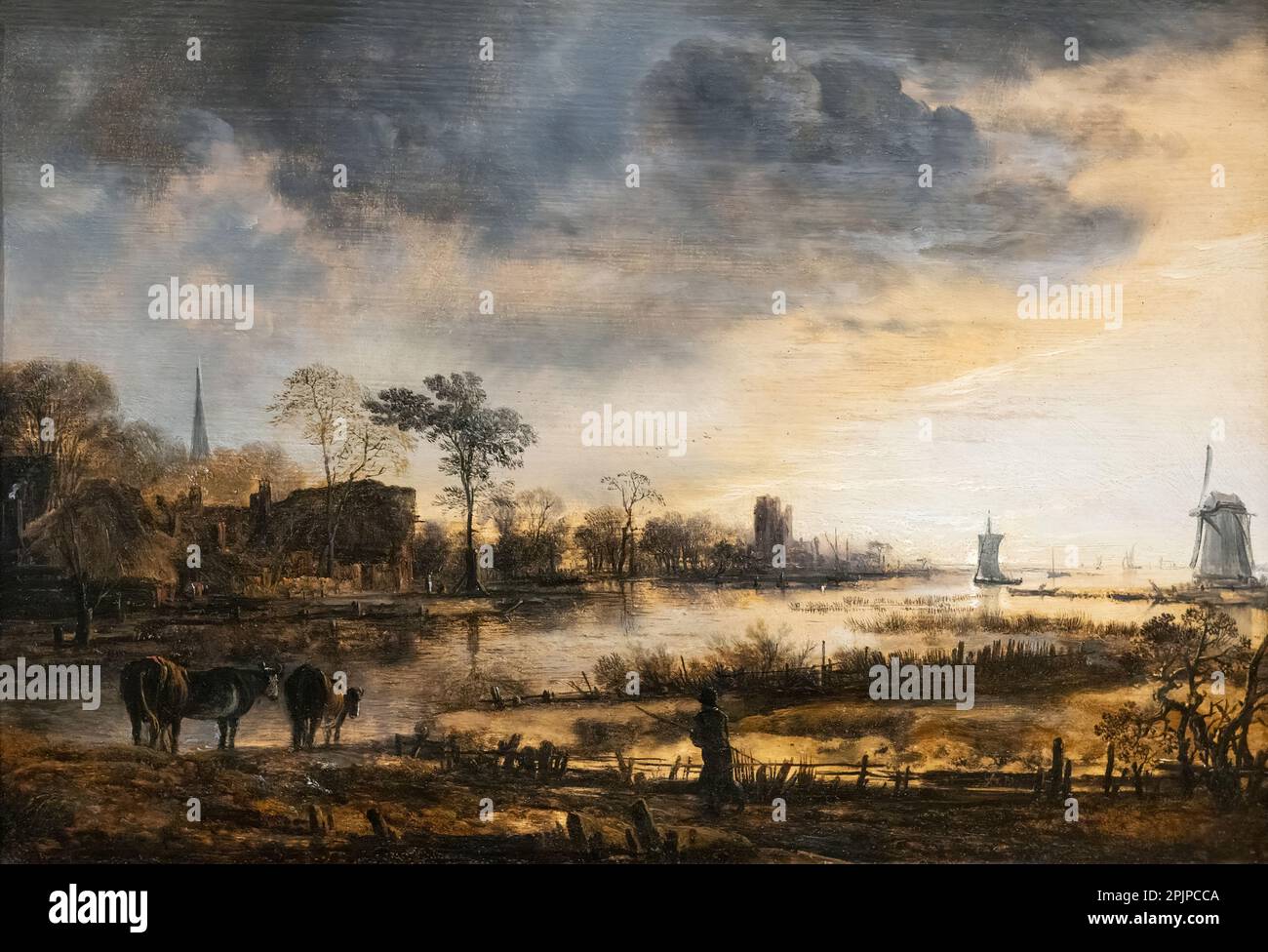 Aert van der Neer Painting, un estuario di Moonlight c 1645-58; 17th ° secolo olandese Golden Age paesaggio pittore, 1600s. Foto Stock