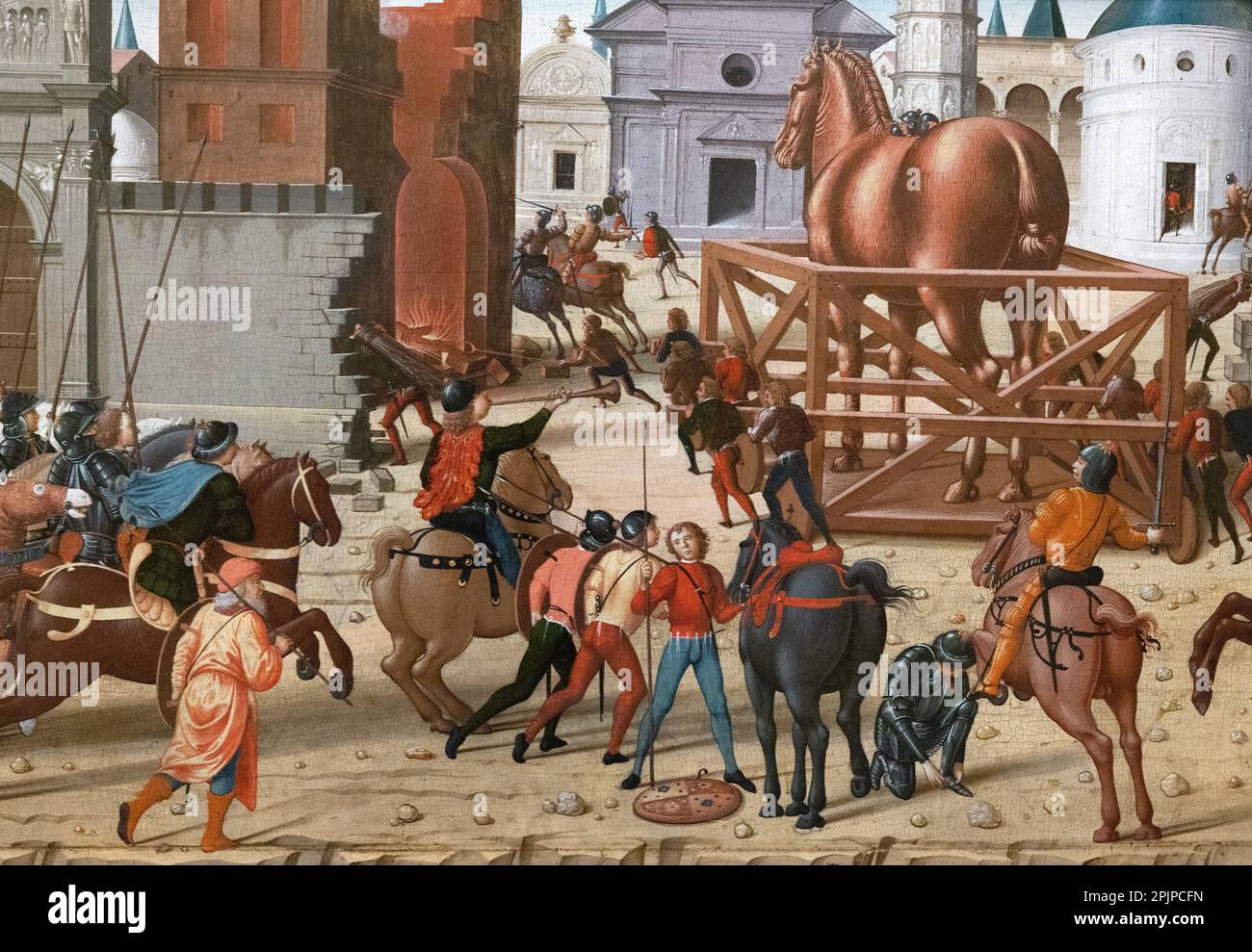 Biagio d’Antonio Tucci Painting; particolare dall'assedio di Troia, il Cavallo di legno, pittore italiano rinascimentale 15th ° secolo, 1400s; Cavallo di Troia. Foto Stock