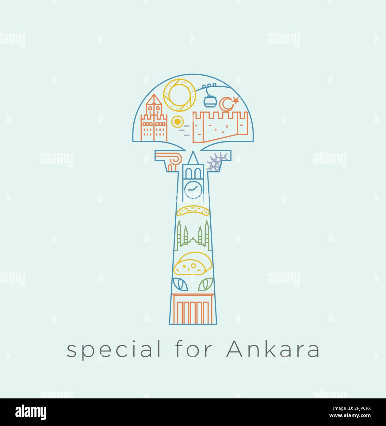 Speciale serie di icone per Ankara. Collage di linea relativo ai luoghi storici, gatto di Ankara, funivia, luna e stella, moschea, muro del castello, bagel, con Illustrazione Vettoriale