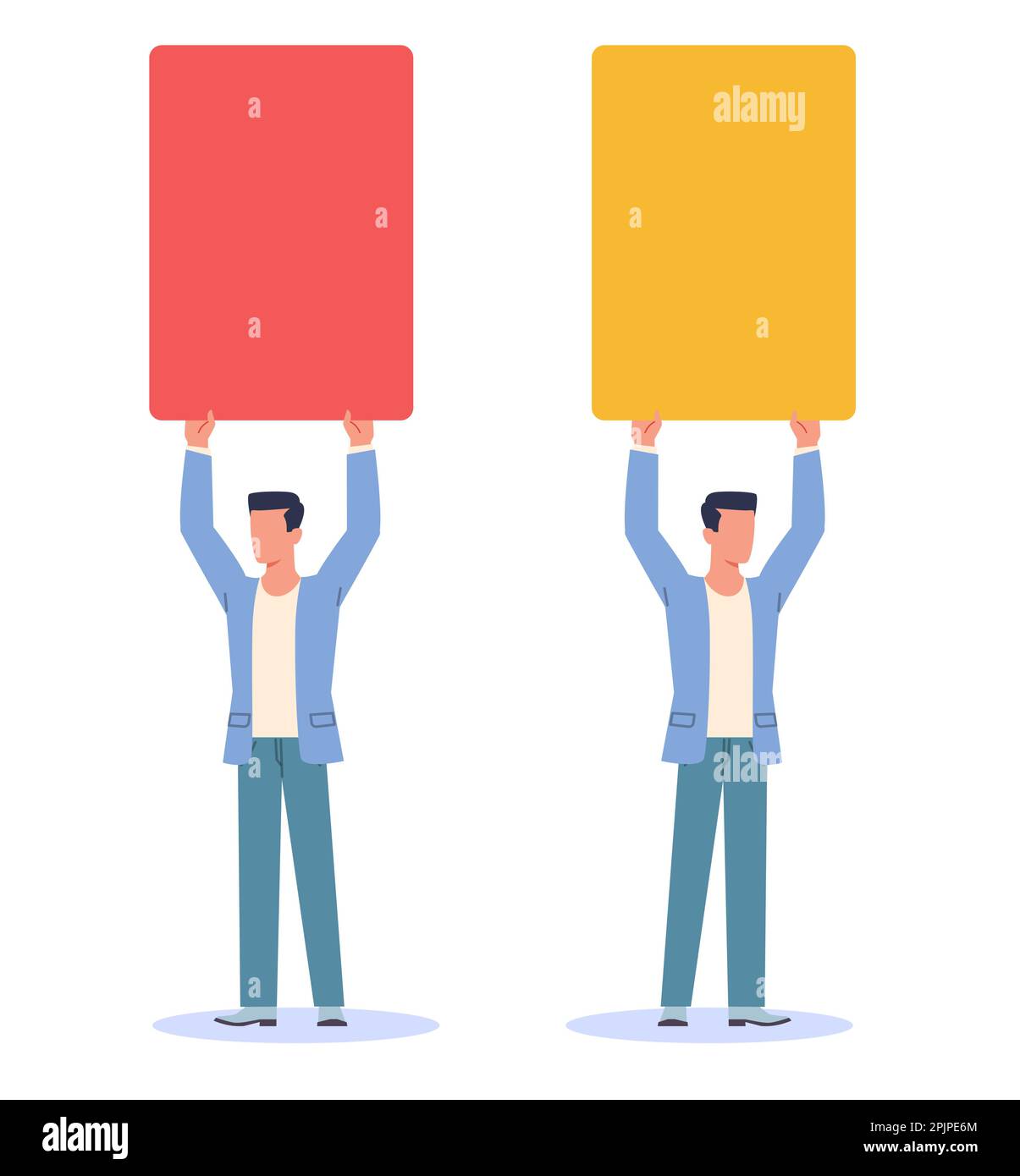 L'uomo mostra il cartellino giallo e il cartellino rosso. Punizione di avvertimento, violazione delle regole del calcio. Gli uomini hanno poster vuoti, comportamento sbagliato attenzione, cartoon piano Illustrazione Vettoriale
