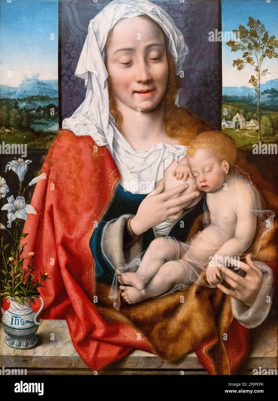 Pittura di Joos van Cleve, pittura della Vergine e del Bambino, c.1525-30; pittore fiammingo e olandese del Rinascimento del 16th ° secolo, noto per i ritratti religiosi 1500s Foto Stock
