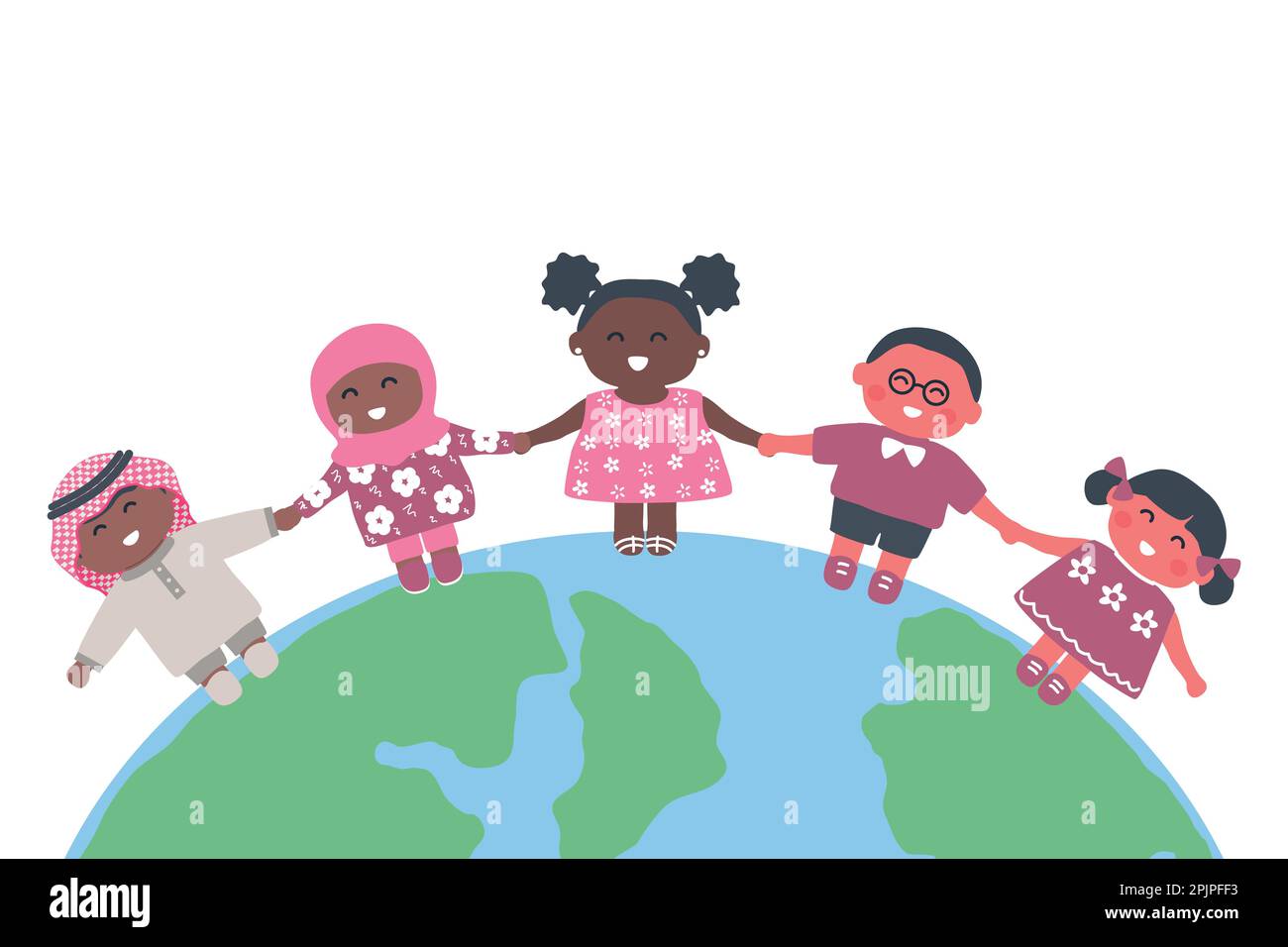 Gruppo multiculturale di bambini che tengono le mani. I bambini si alzano in piedi sul globo. Ragazze e ragazzi felici. Illustrazione vettoriale Illustrazione Vettoriale