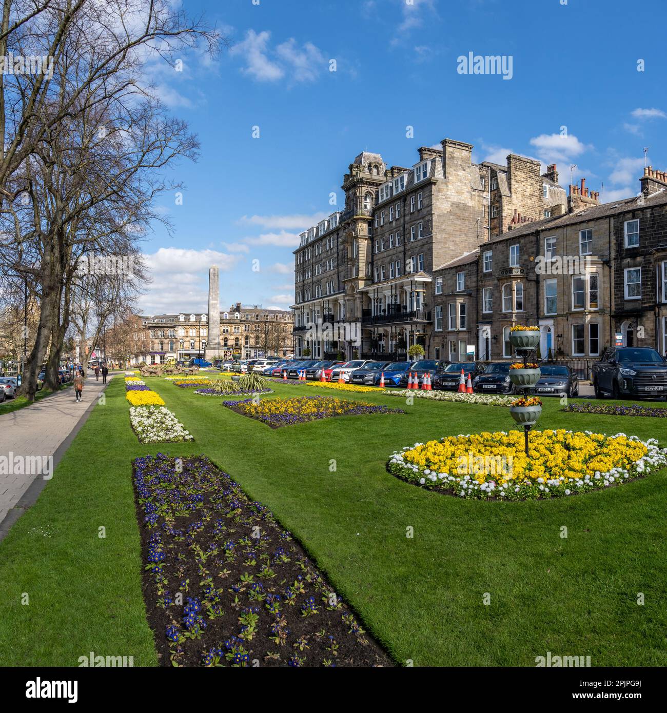HARROGATE, REGNO UNITO - 3 APRILE 2023. Mostre floreali di fiori colorati nel Harrogate in Bloom Springtime Trail Foto Stock