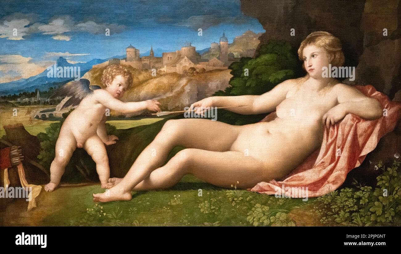 Palma il Vecchio pittura; Venere e Cupido, c. 1523-24; pittore italiano per l'alto periodo rinascimentale, 15th-16th ° secolo Foto Stock