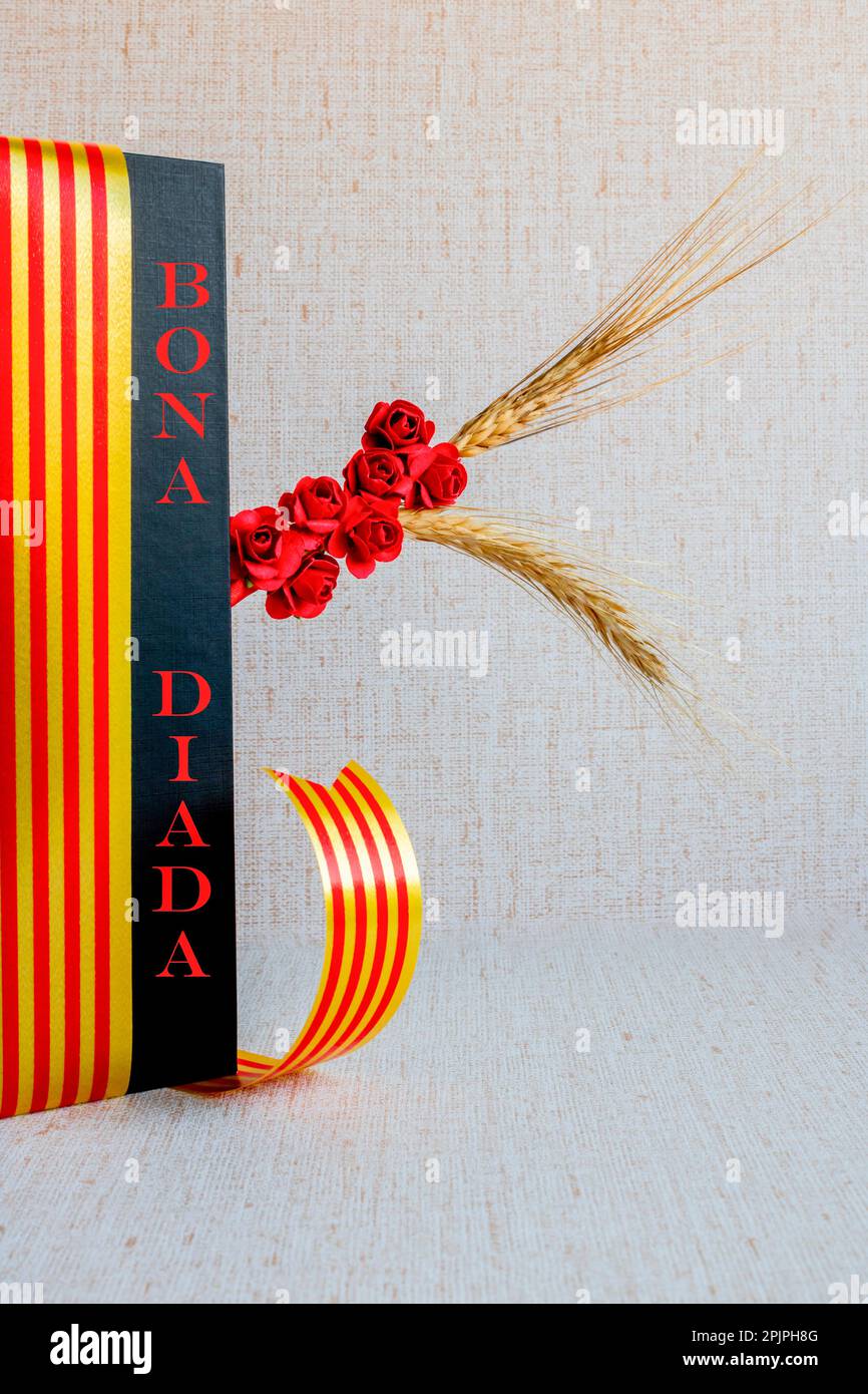 Rose e libro nero, orecchio di grano, con bandiera catalana e nastro rosso, su sfondo beige con texture, verticale, spazio copia, San Valentino Foto Stock