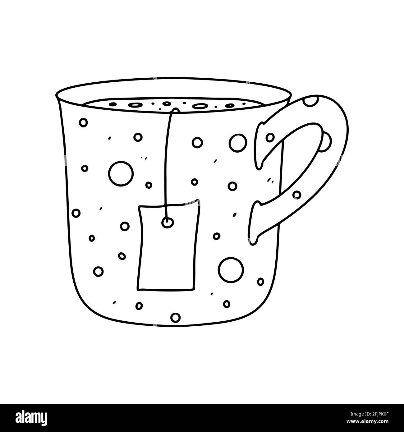 Tazza di tè o caffè decorata con pois di polka. Illustrazione in stile del doodle disegnato a mano. Vettore isolato su sfondo bianco. Illustrazione Vettoriale