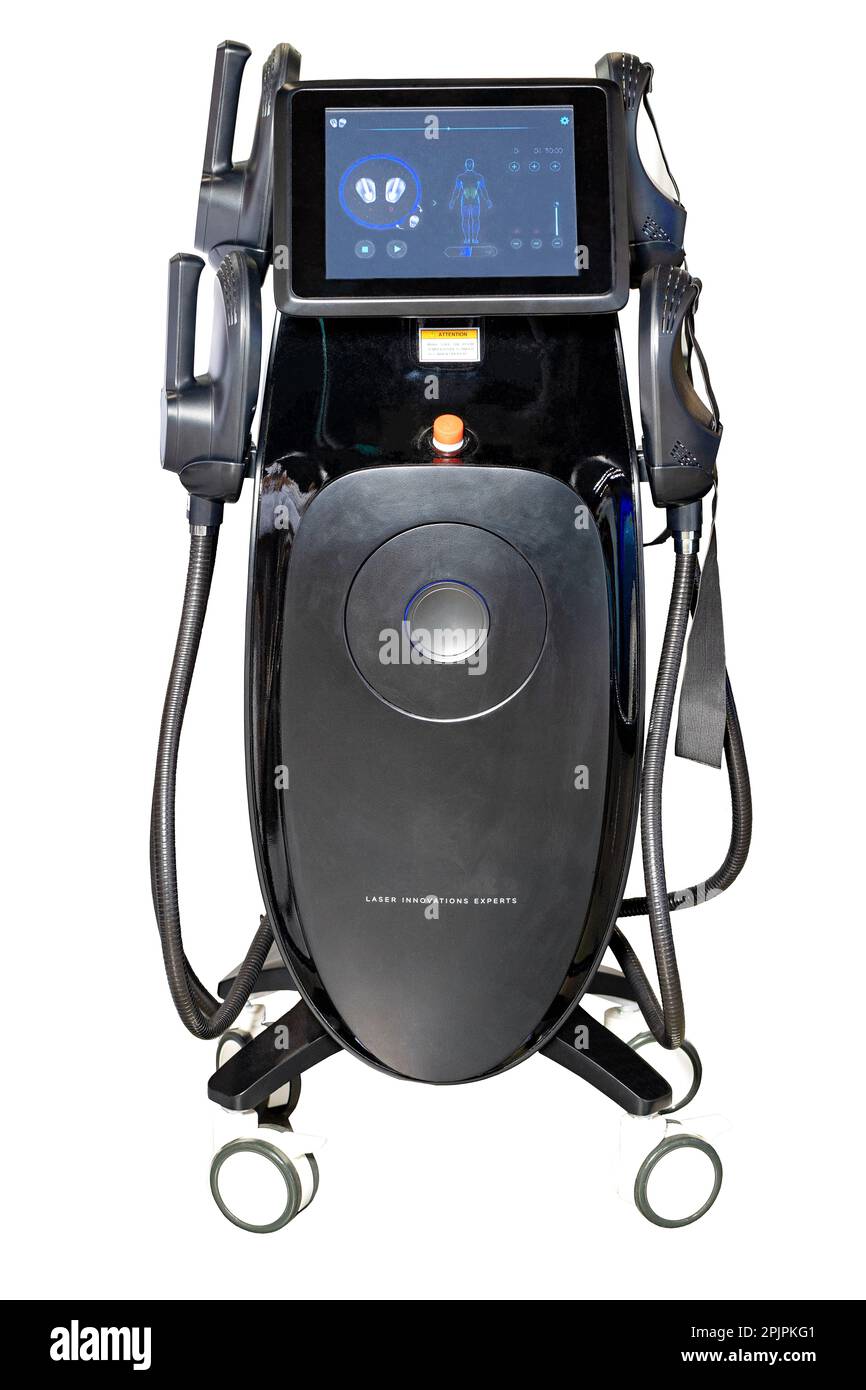 La macchina per la formazione del corpo utilizza radiazioni elettromagnetiche pulsate per migliorare il tono e la forza muscolare, nonché per rassoda la pelle. Foto Stock