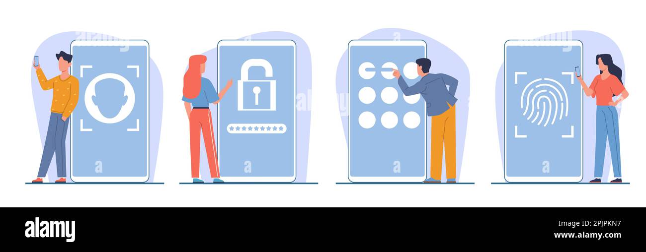 Uomini e donne proteggono le informazioni sugli smartphone con password e codici. Impronta digitale, Face ID, segno digitale e grafico. Verifica e. Illustrazione Vettoriale