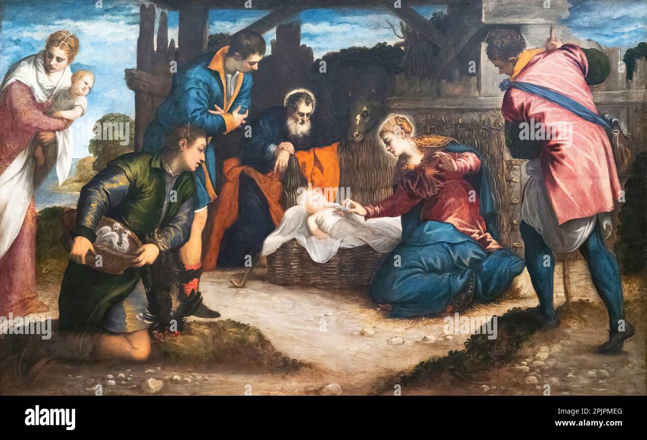 Pittura di Tintoretto; l'Adorazione dei Pastori, 1540's; pittore italiano della Scuola Veneziana nel 1500s - 16th ° secolo. Foto Stock