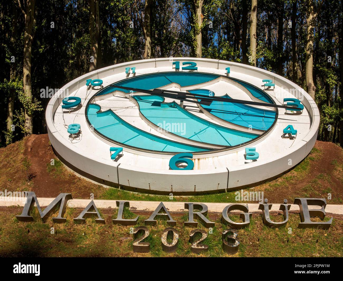 Orologio gigante al Parco ieri, Malargue, Provincia di Mendoza, Argentina Foto Stock