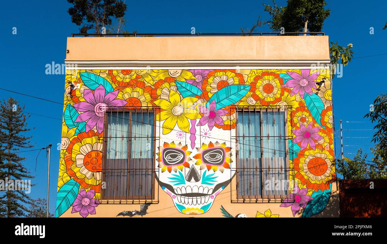 Casa con dipinti tradizionali sulla facciata, centro storico di Oaxaca de Juarez, stato di Oaxaca, Messico Foto Stock