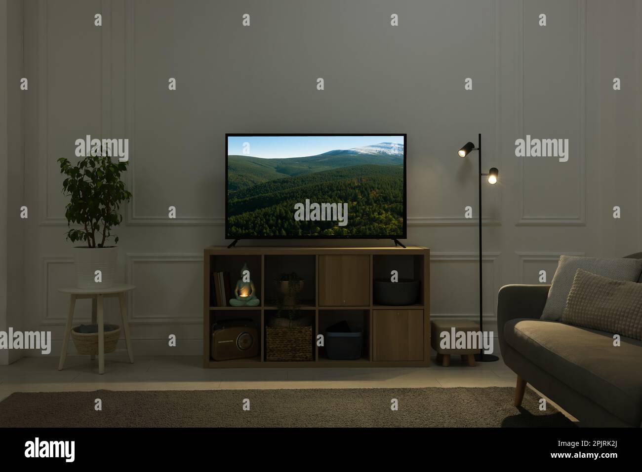 Moderna TV su piedistallo in legno in camera. Film a tema sulla scena della natura sullo schermo Foto Stock