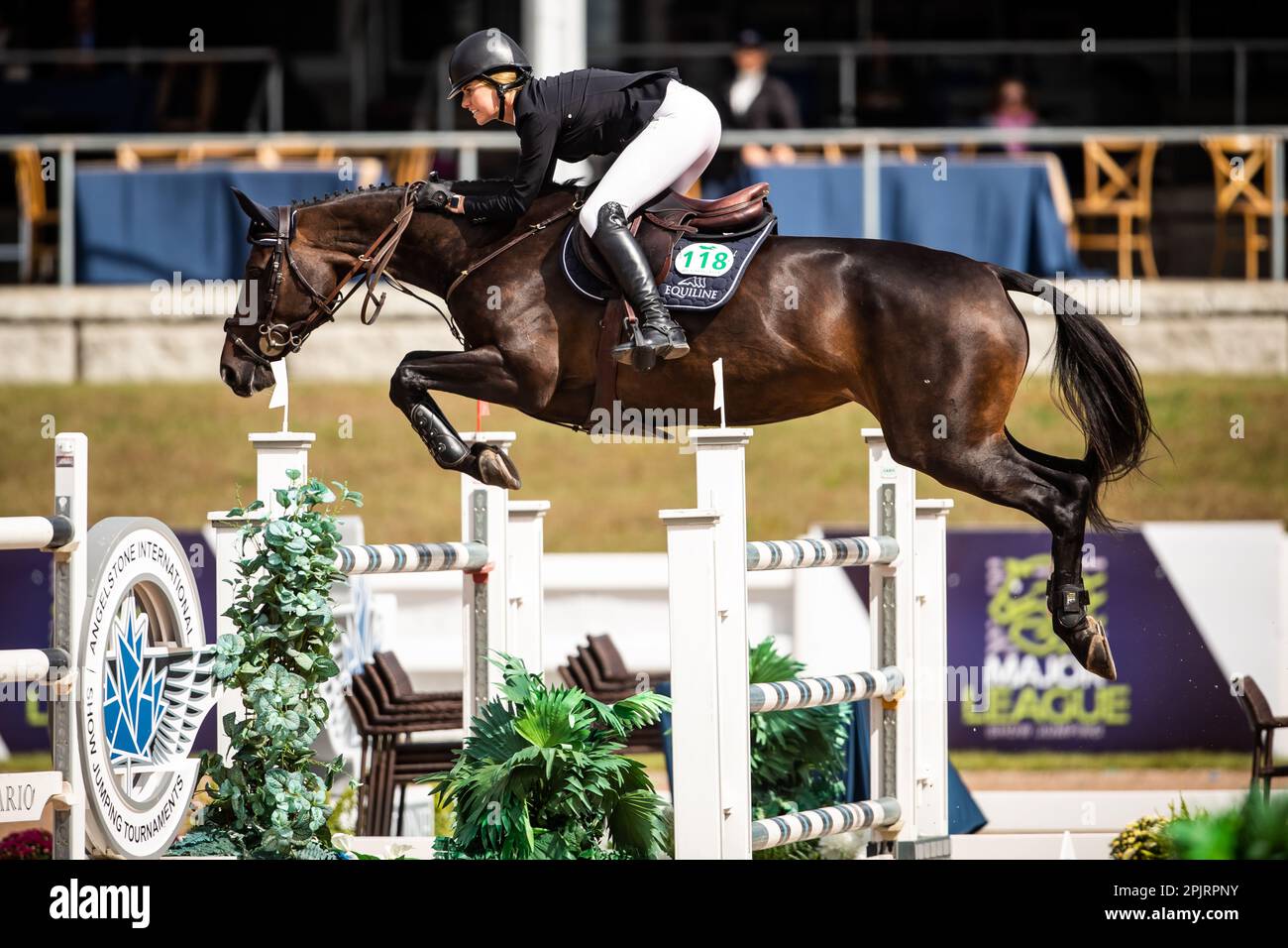 Chandler Meadows of the United States compete in un evento Major League Show Jumping nel 2021 al Caledon Equestrian Park. Foto Stock