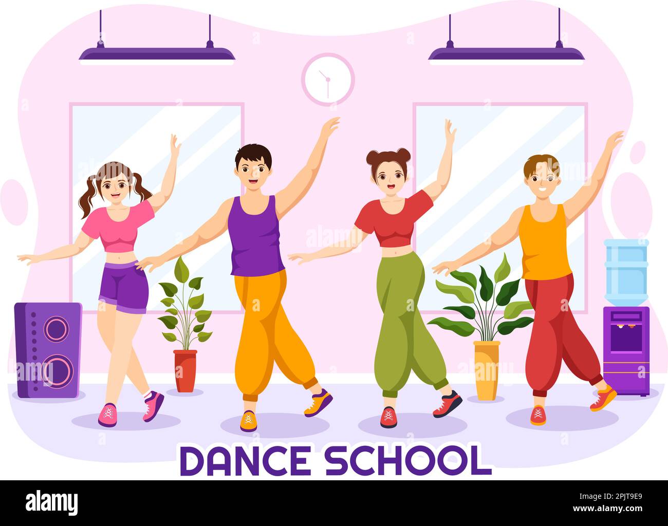 Scuola di danza Illustrazione di persone Danzando o coreografia con apparecchiature musicali in Studio in Cartoon piano modelli di Landing Page disegnati a mano Illustrazione Vettoriale