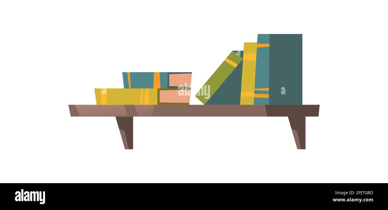 Libri su scaffale di legno. Immagine vettoriale piatta della biblioteca di casa o della scuola, negozio con pila e fila di libri colorati isolati su sfondo bianco Illustrazione Vettoriale