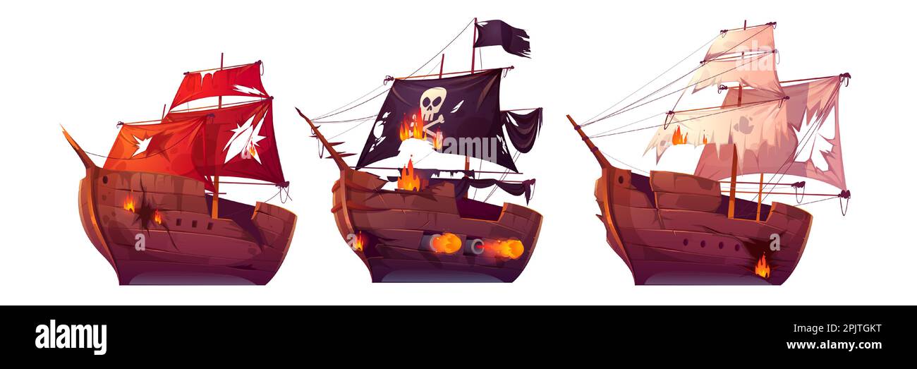 Battaglia marittima di navi di legno. Lotta di galeone pirata e barche a vela. Corsari con bandiera nera attacco fregata. Cartoni animati vettoriali rotte navi in fuoco con cannoni isolati su sfondo bianco Illustrazione Vettoriale