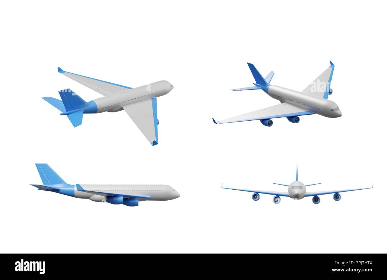 Aereo che vola su sfondo bianco vuoto, quattro elementi da diverse angolazioni. Concetto di turismo, viaggio e vacanza. Illustrazione del rendering 3D Foto Stock