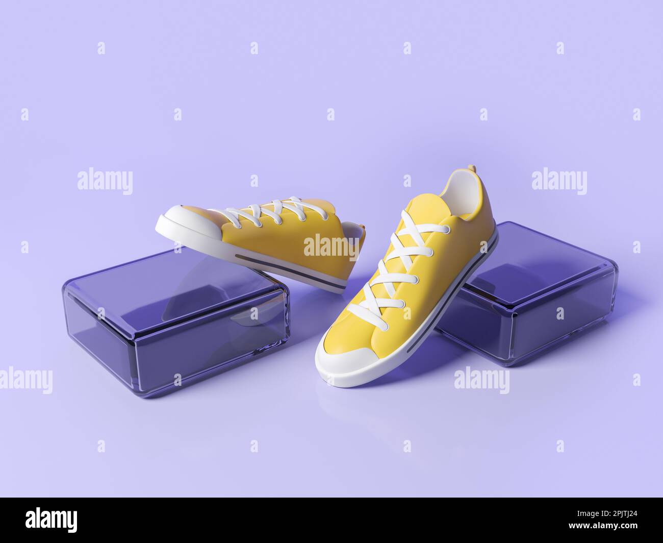 Paio di sneakers gialle su due piattaforme, spazio vuoto in copia viola. Concetto di corsa, allenamento e abbigliamento sportivo. rendering 3d, illustrazione Foto Stock