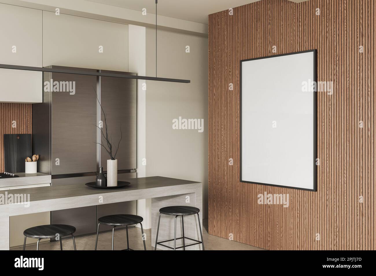 Interno di cucina moderna con pareti bianche e in legno, pavimento in cemento, armadi bianchi, grande frigorifero, bancone bar con sgabelli e verticale mock up poste Foto Stock