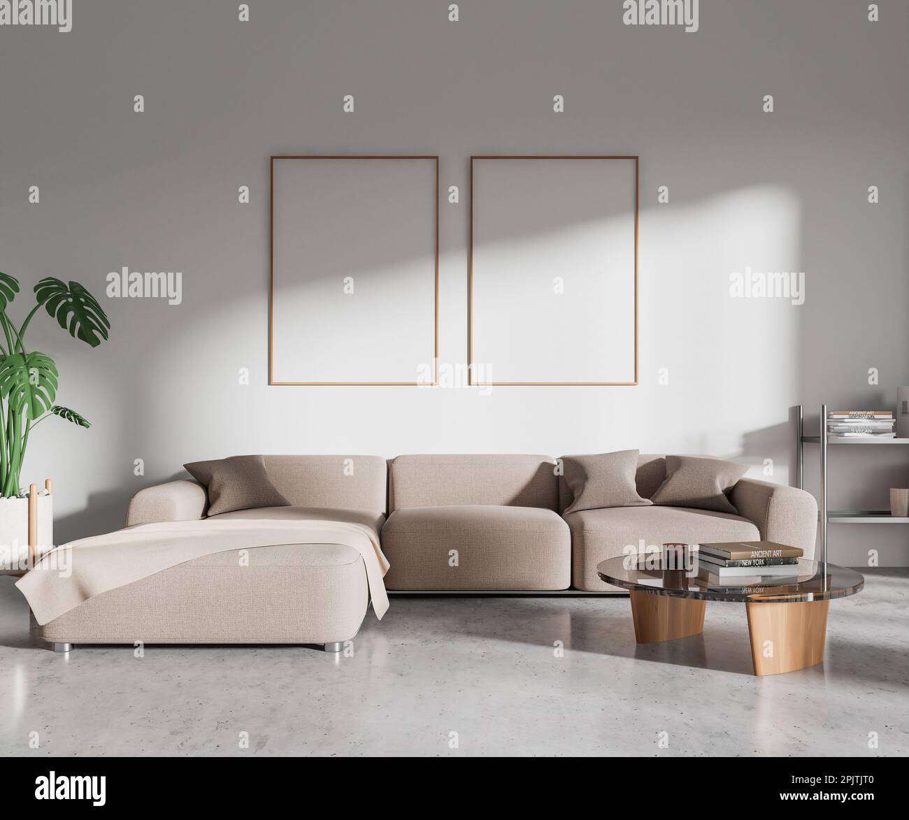 Interno soggiorno bianco con divano, ripiano con elegante decorazione d'arte, pavimento in cemento grigio. Scandinavian relax Place e due poster in tela. Foto Stock