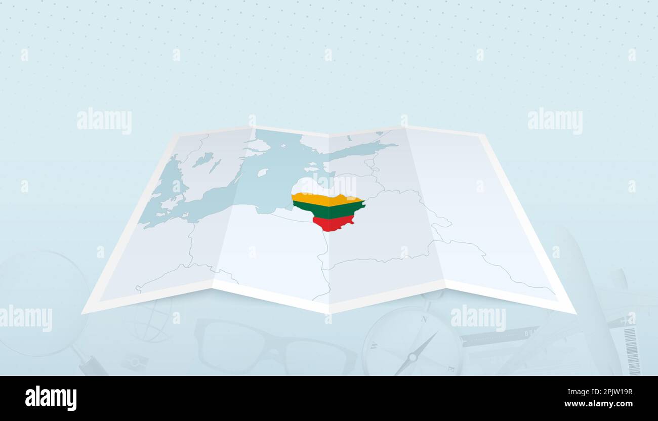 Mappa della Lituania con la bandiera della Lituania nel contorno della mappa su uno sfondo astratto viaggio. Illustrazione del viaggio. Illustrazione Vettoriale