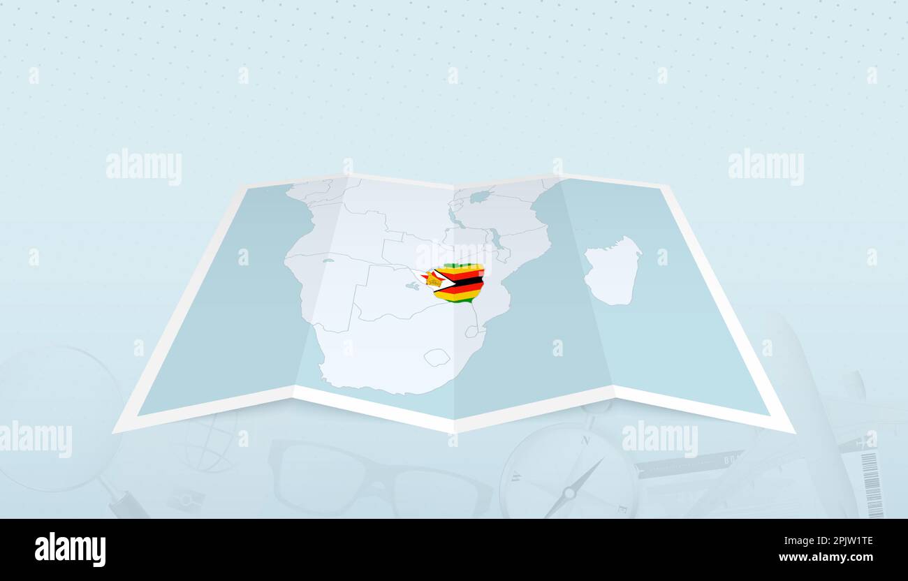 Mappa dello Zimbabwe con la bandiera dello Zimbabwe nel contorno della mappa su uno sfondo astratto del viaggio. Illustrazione del viaggio. Illustrazione Vettoriale