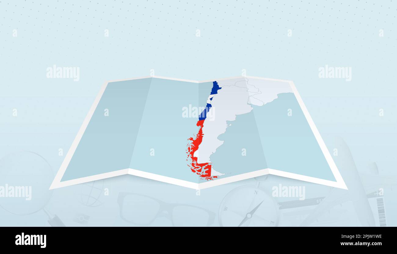 Mappa del Cile con la bandiera del Cile nel contorno della mappa su uno sfondo astratto viaggio. Illustrazione del viaggio. Illustrazione Vettoriale