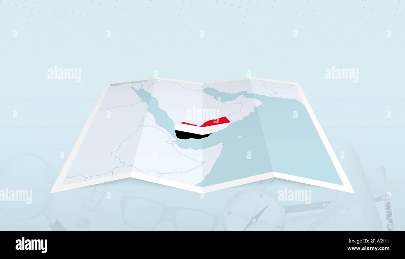 Mappa dello Yemen con la bandiera dello Yemen nel contorno della mappa su uno sfondo astratto del viaggio. Illustrazione del viaggio. Illustrazione Vettoriale