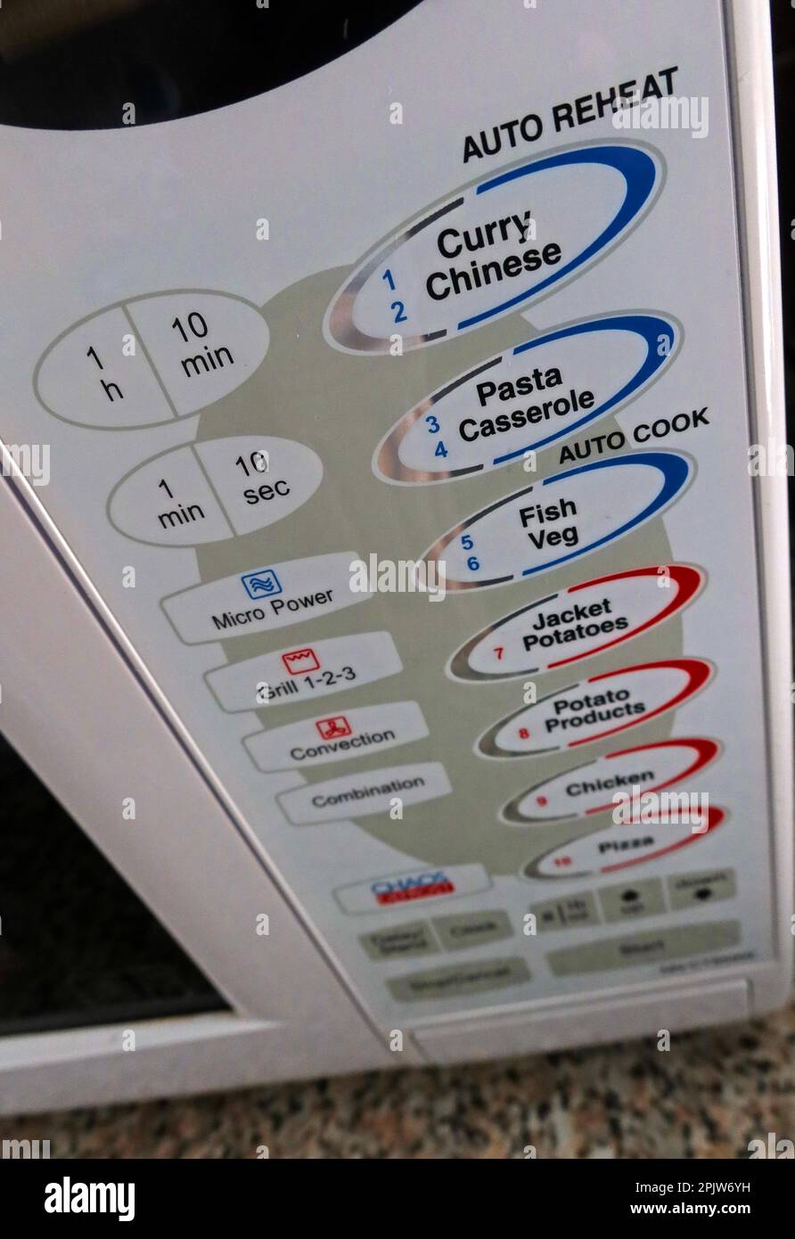 Pannello di controllo anteriore di un forno a microonde domestico, autoriscalda, sbrinatore, griglia, convezione - touch pad Foto Stock