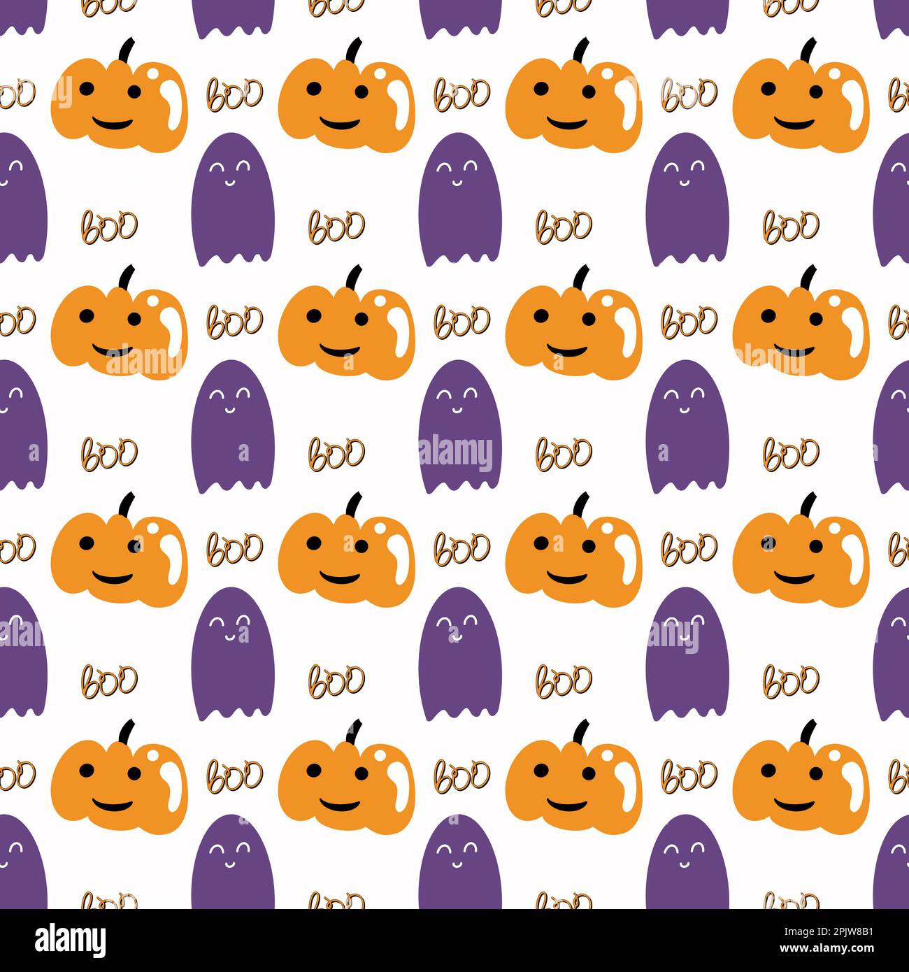 Motivo senza cuciture disegnato a mano con zucche di Halloween, fantasmi in stile piatto Foto Stock