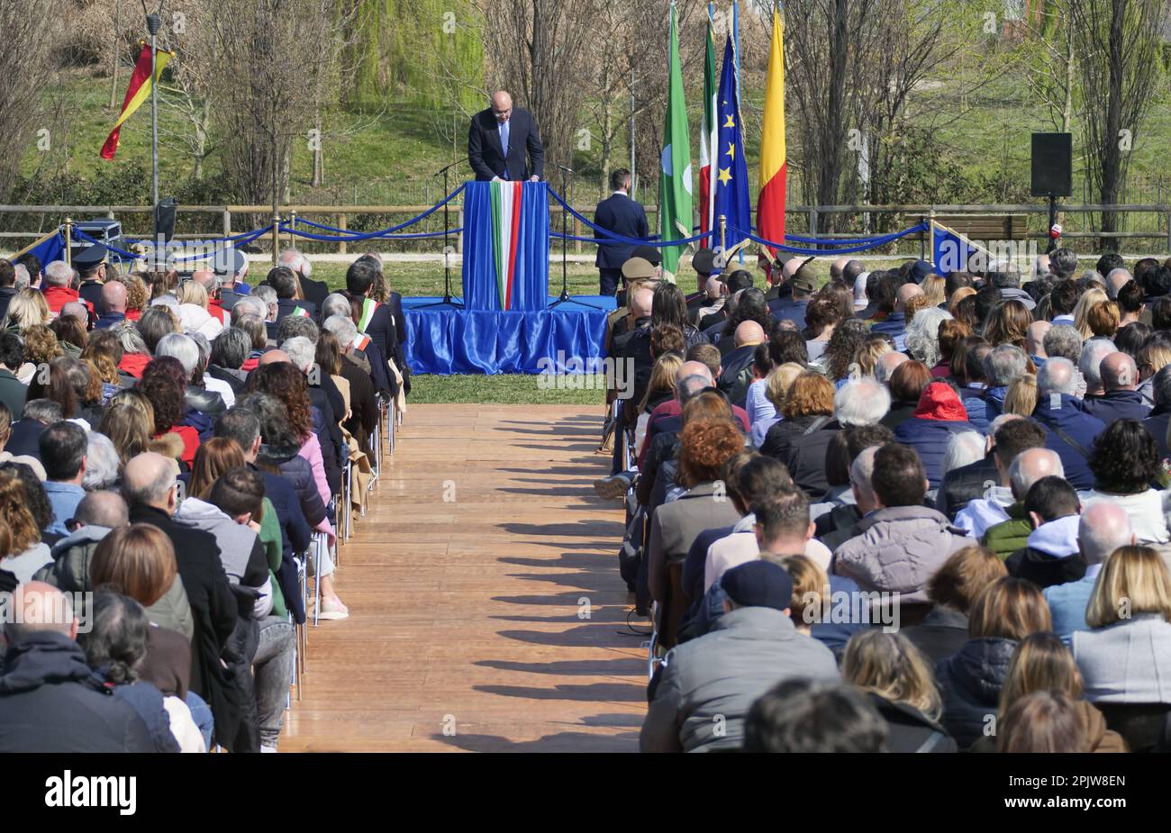Foresta della memoria creata a Bergamo per ricordare le vittime del vido 19 il 18 marzo Foto Stock