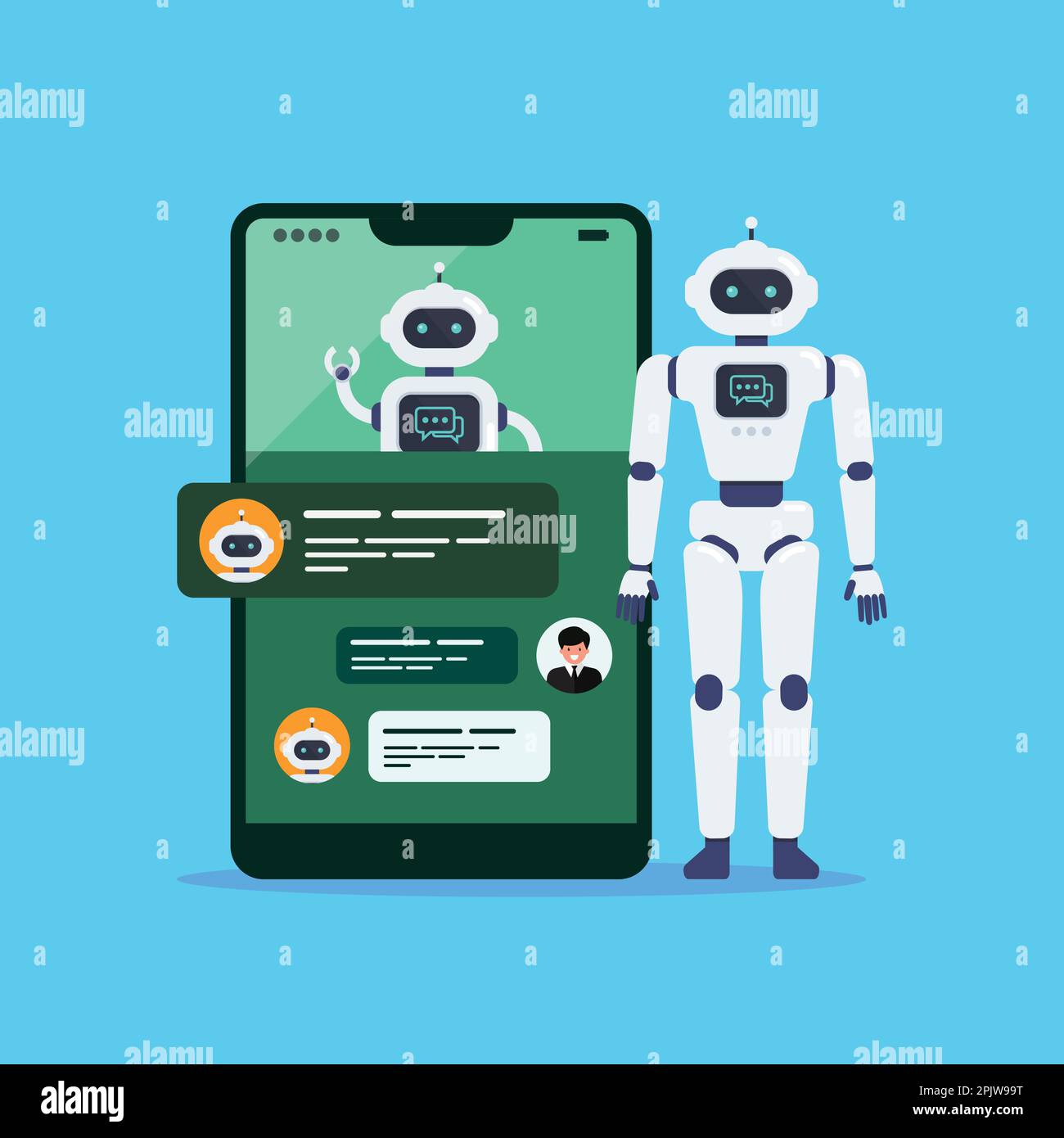 Robot Android e chat bot sullo schermo dello smartphone. Chat GPT. Intelligenza artificiale. Illustrazione vettoriale Illustrazione Vettoriale